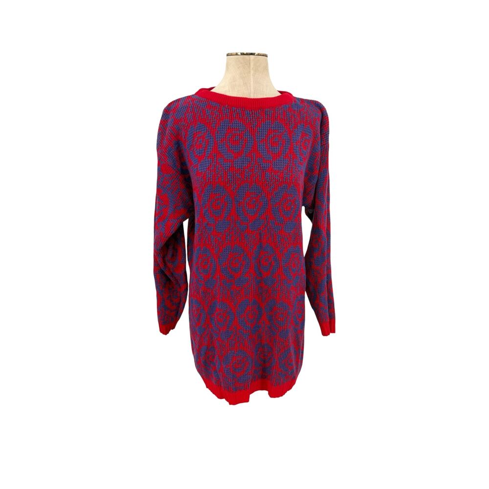 Vintage 80s Evian Rose Floral Jacquard Oversized Sweater Red Purple Size Medium